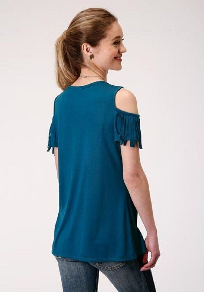 Women's Roper Blue Jersey Knit Shirt w/ Open shoulders Fringe