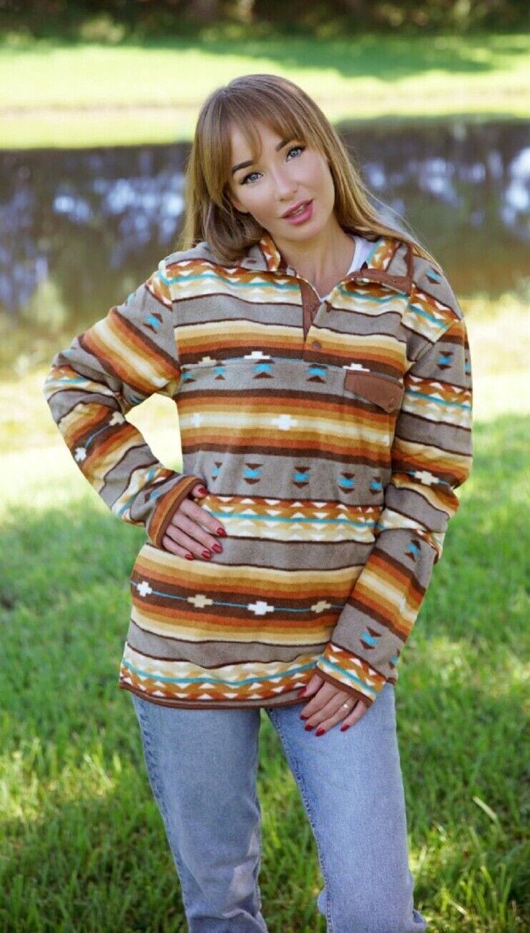 Women's Brown & orange AZTEC FLEECE PULLOVER SHIRT w/ Button snap Size XXL