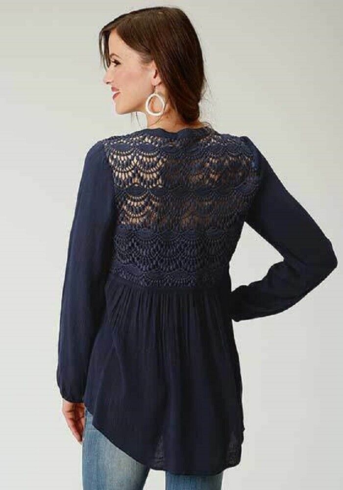 Women's Roper Dark Blue Crochet Lace Crepe Peasant Blouse Top Shirt