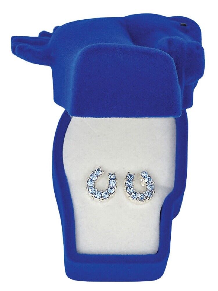 Silver plated BLUE RHINESTONE HORSESHOE EARRINGS