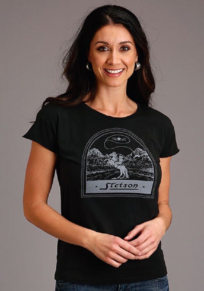 Women's Stetson Black COWBOY w/ LASSO WESTERN SCENE SHIRT