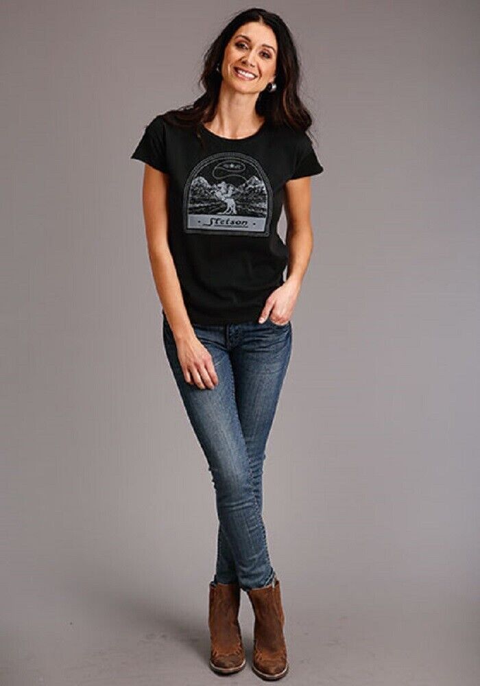 Women's Stetson Black COWBOY w/ LASSO WESTERN SCENE SHIRT