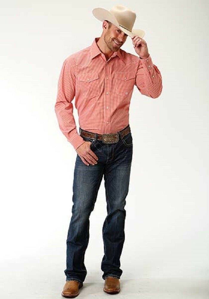 Men's Roper Orange White Mini Checkered Western Shirt
