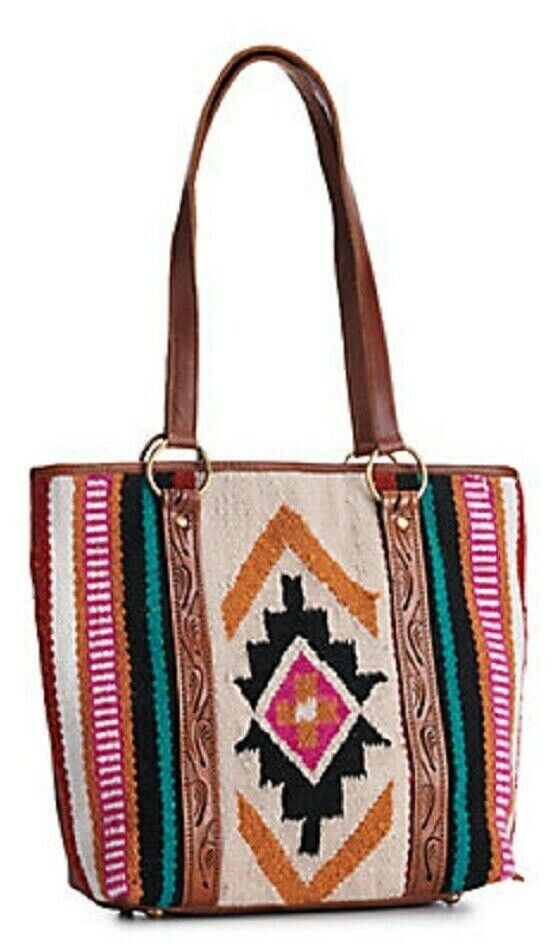 Women's Genuine leather ARIAT AZTEC BLANKET & TOOLED LEATHER TOTE Handbag Purse