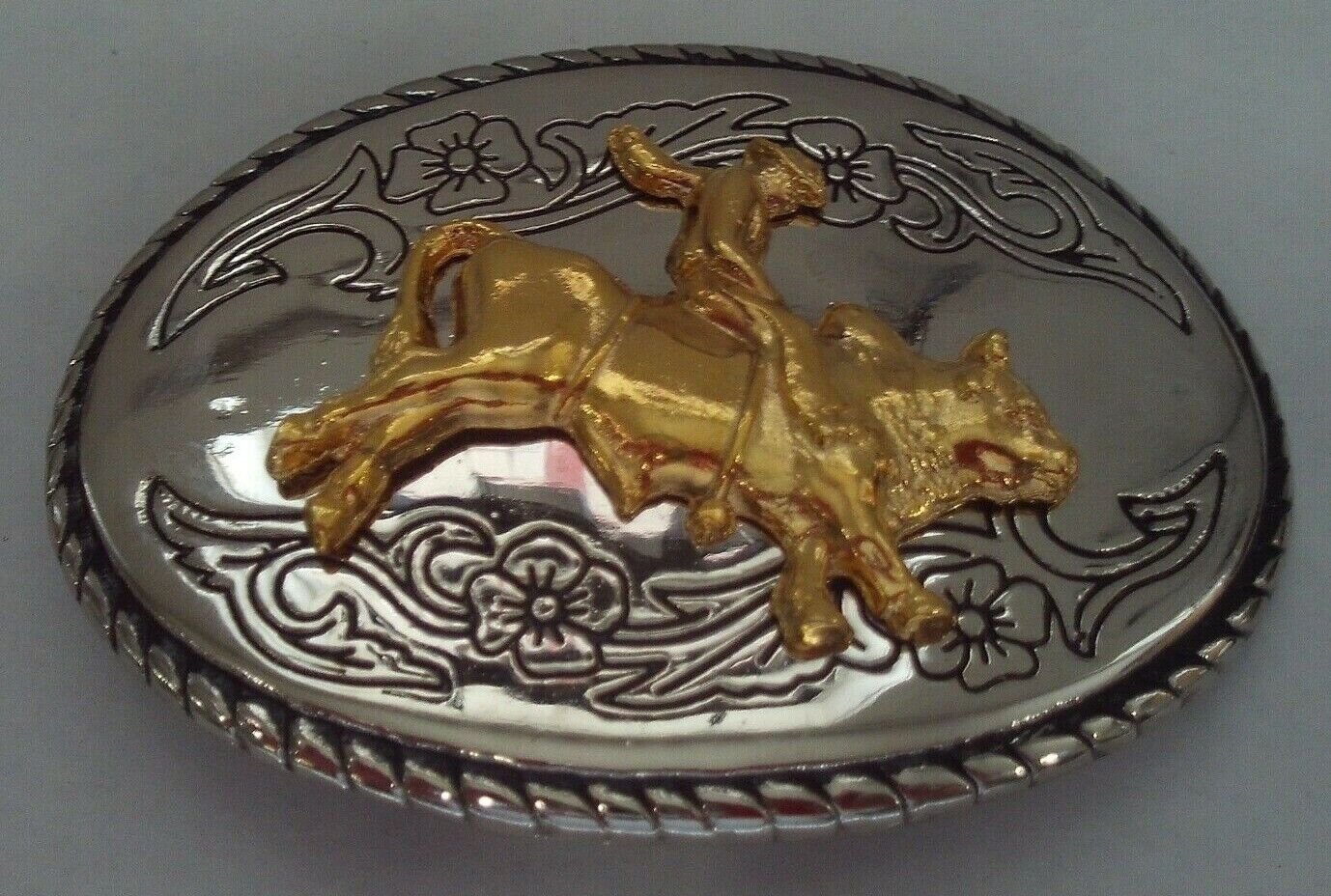 Silver BULL RIDER BELT BUCKLE w/ Gold bull & rider Rodeo 3 1/2" 2 1/2"
