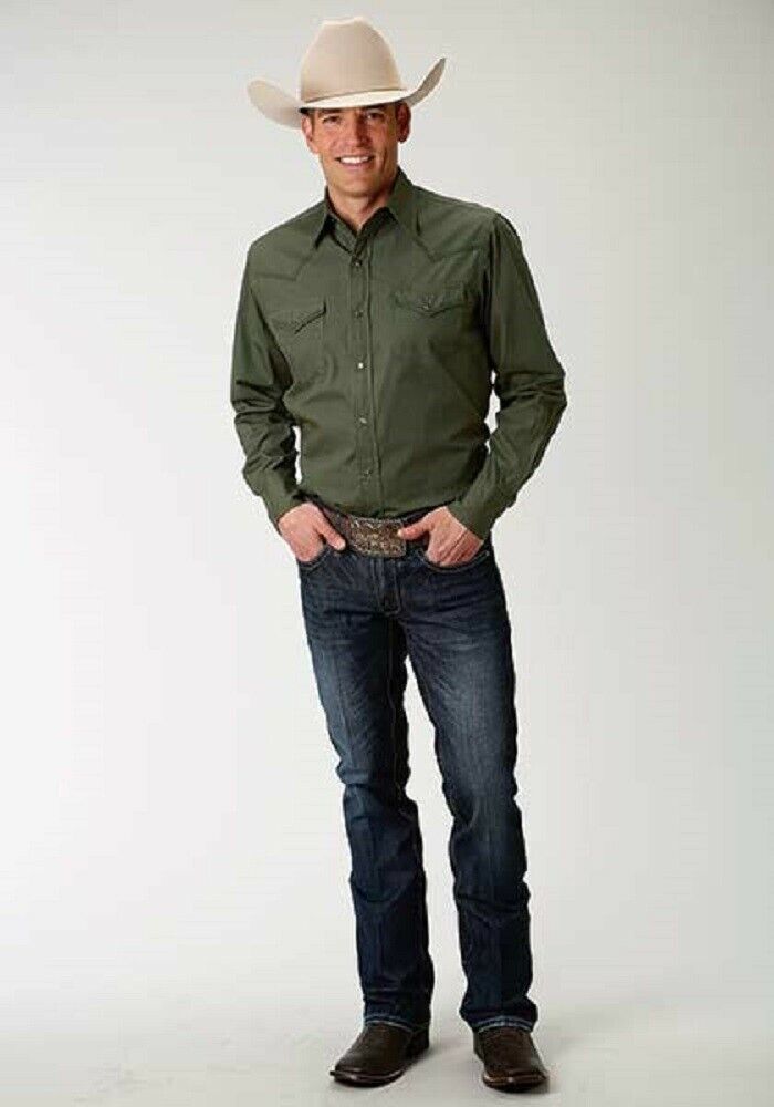 Roper Men's Solid Olive Green Poplin Snap Up Western Shirt