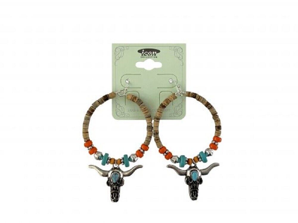 Turquoise orange silver LONGHORN STEER SKULL CORK DANGLE EARRINGS