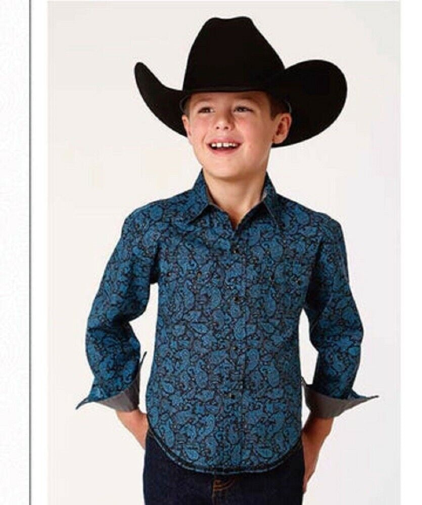 Boy's Roper Blue & Black Paisley Western Shirt