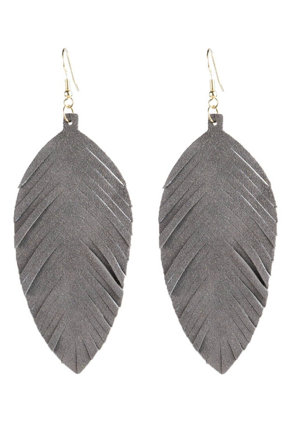 Women's 3 1/4" x 1 5/8" Western GRAY LEATHER FEATHER EARRINGS dangle