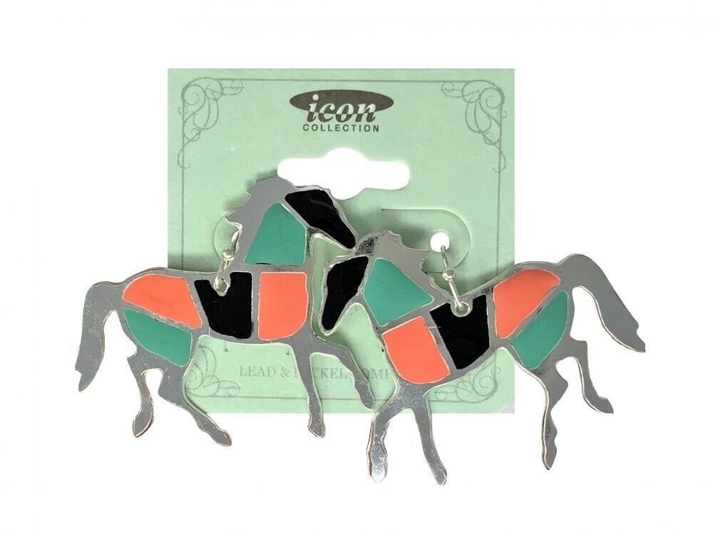 Pink, teal, black painted metal HORSE EARRINGS