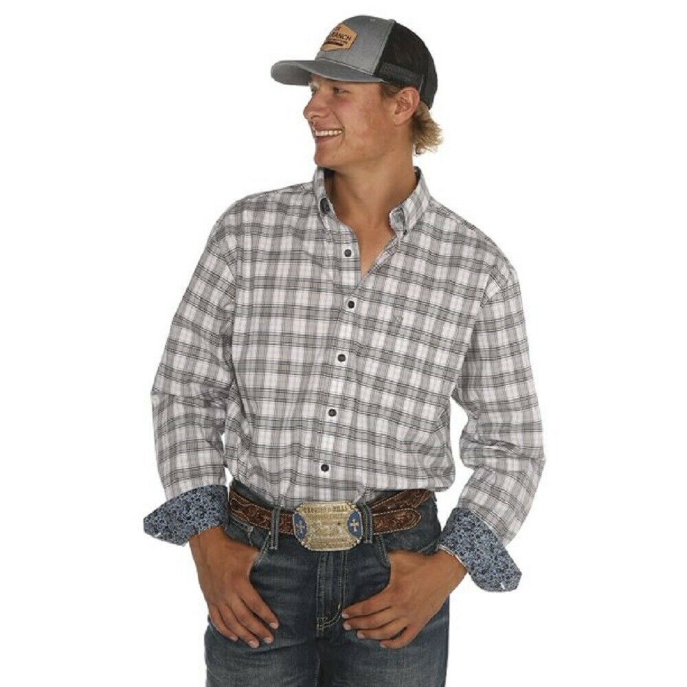 Noble Outfitters Men's Gray White PLAID WESTERN SHIRT
