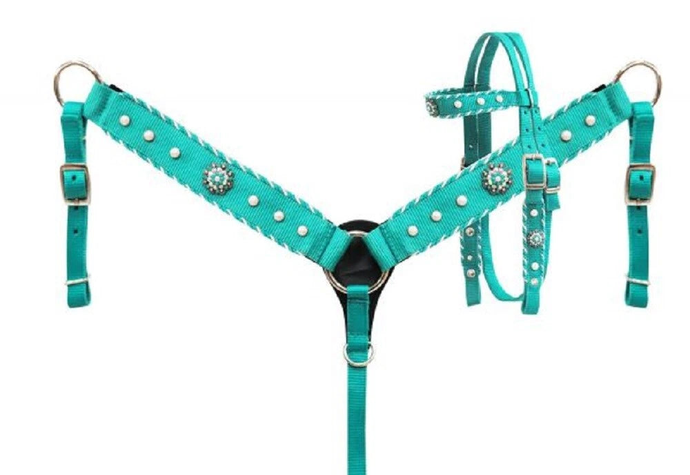 Showman Pony Size TEAL NYLON HEADSTALL & BREAST COLLAR SET w/ pearl beads concho