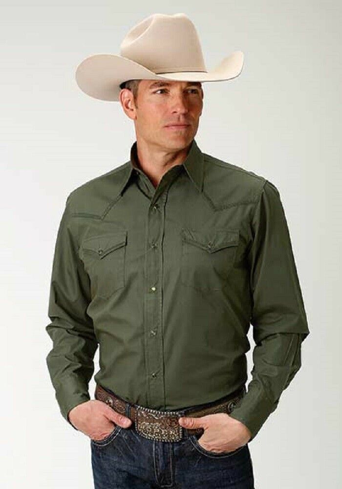Roper Men's Solid Olive Green Poplin Snap Up Western Shirt