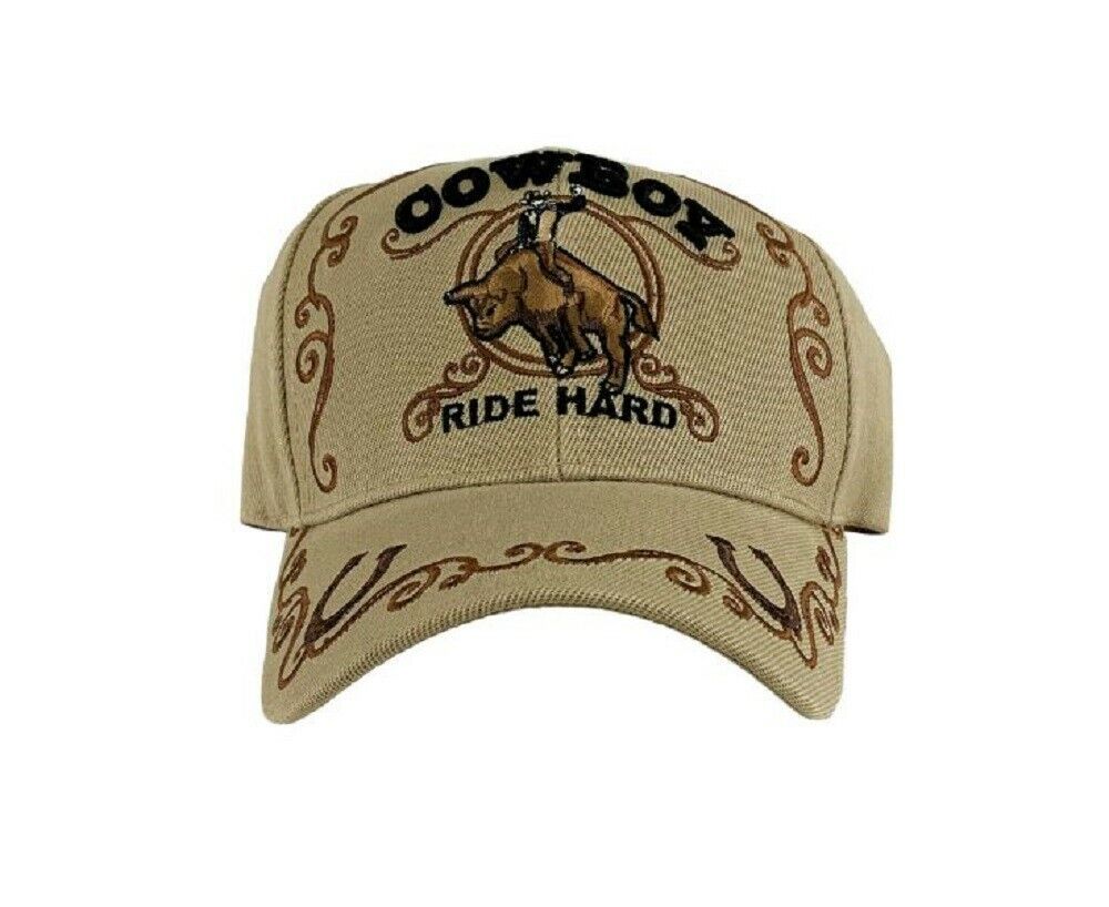 Tan w/ brown 'COWBOY RIDE HARD' BULL RIDER BASEBALL CAP Hat