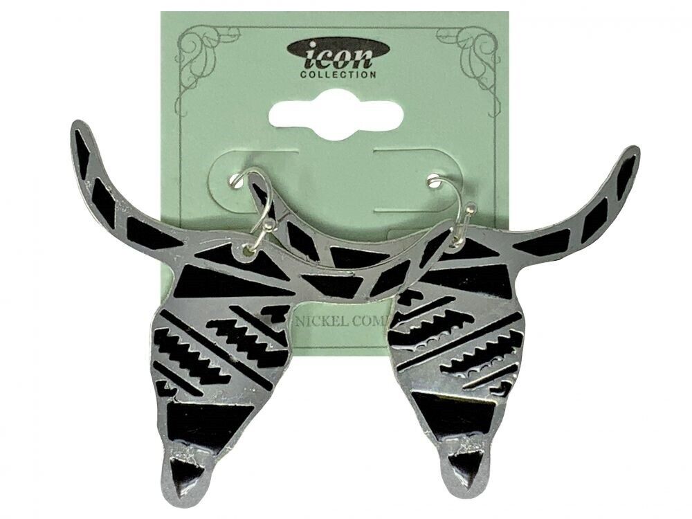 Silver and black PAINTED STEER HEAD SKULL EARRINGS