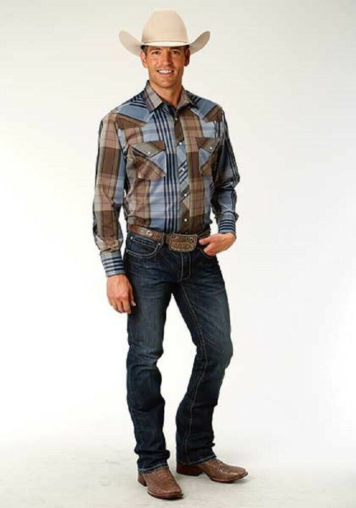 Men's Roper Brown Blue Plaid Western Shirt