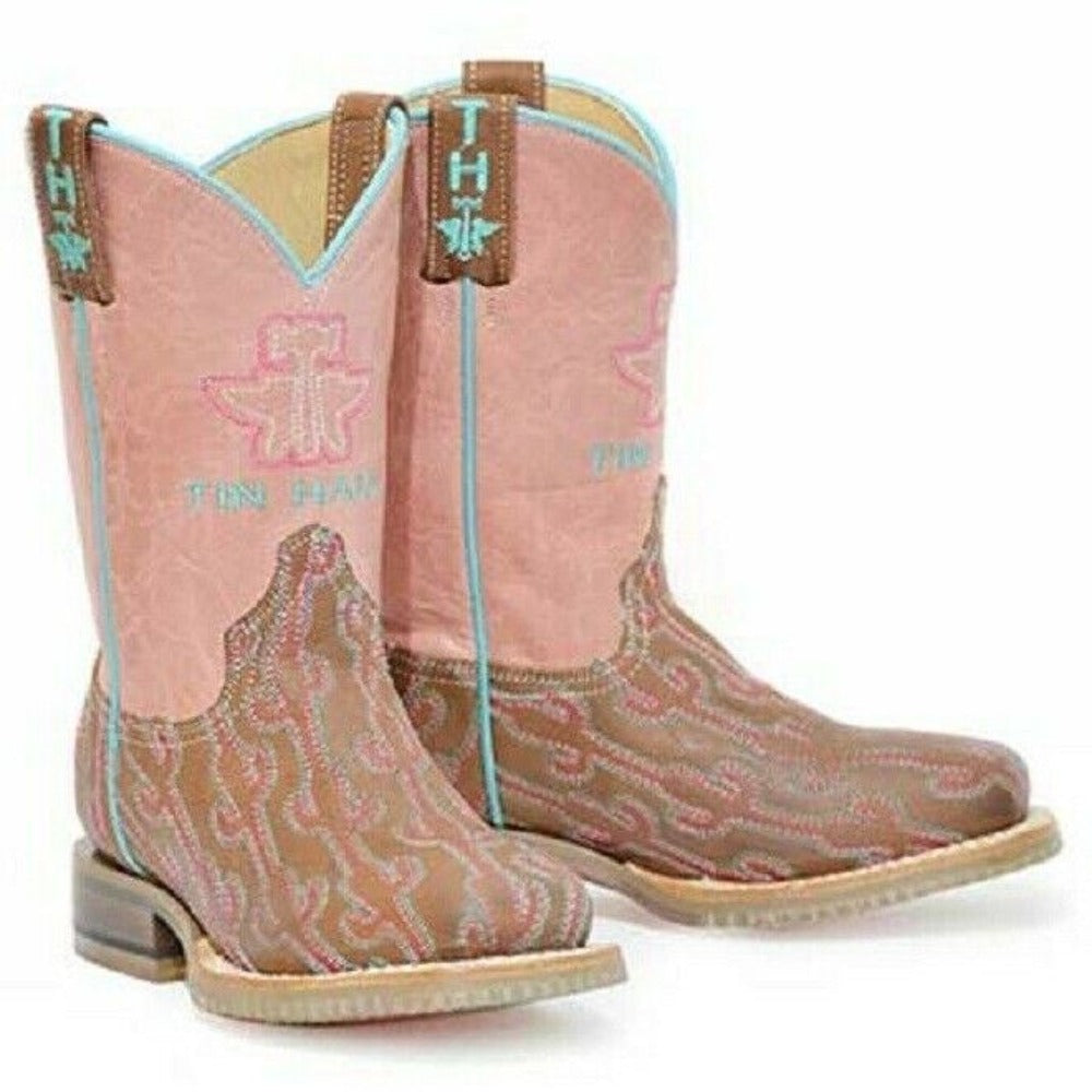 Girl's Tin Haul Pink Cowboy Boots w/ Cactus stitching