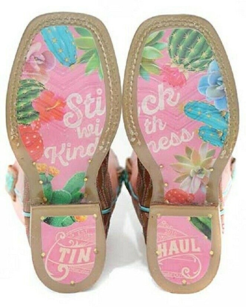 Girl's Tin Haul Pink Cowboy Boots w/ Cactus stitching