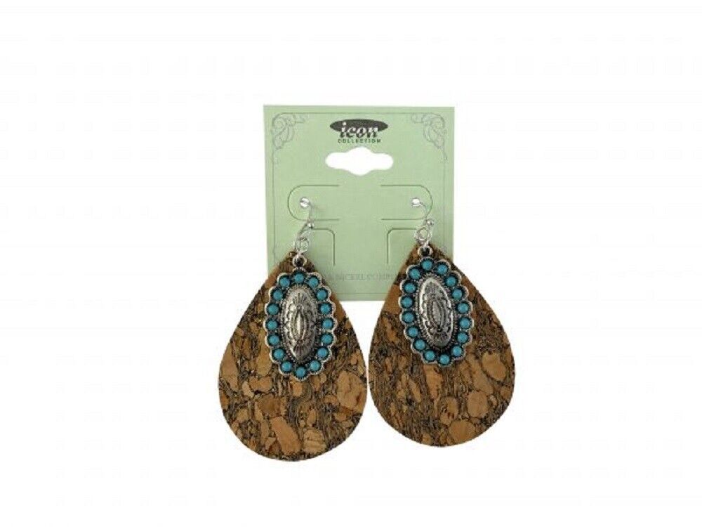 Women's TEARDROP CORK EARRINGS w/ TURQUOISE CONCHO ACCENTS