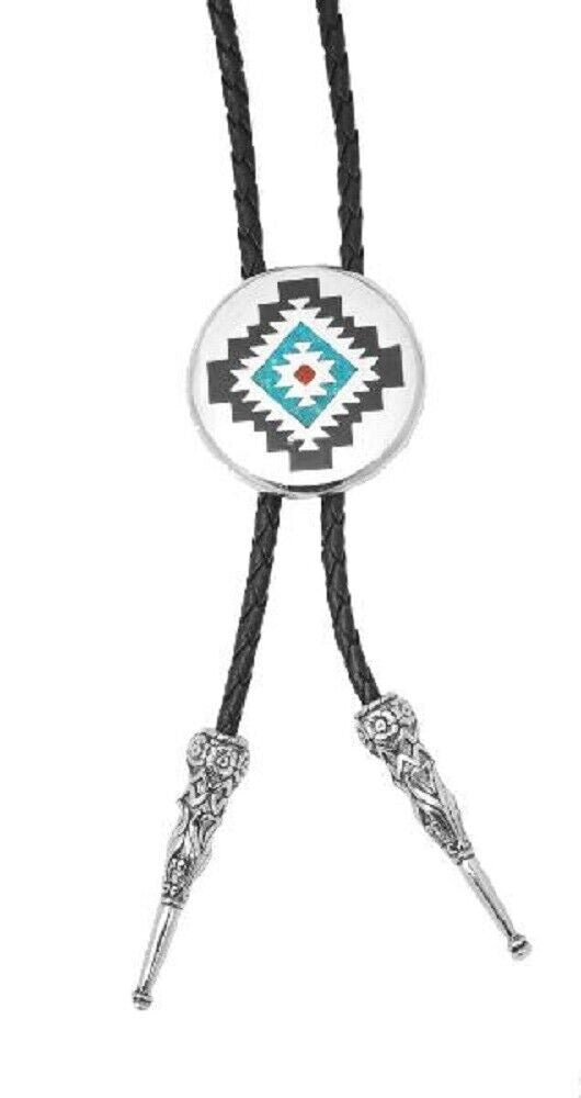 SOUTHWEST AZTEC DESIGN BOLO TIE w/ Victorian style tips