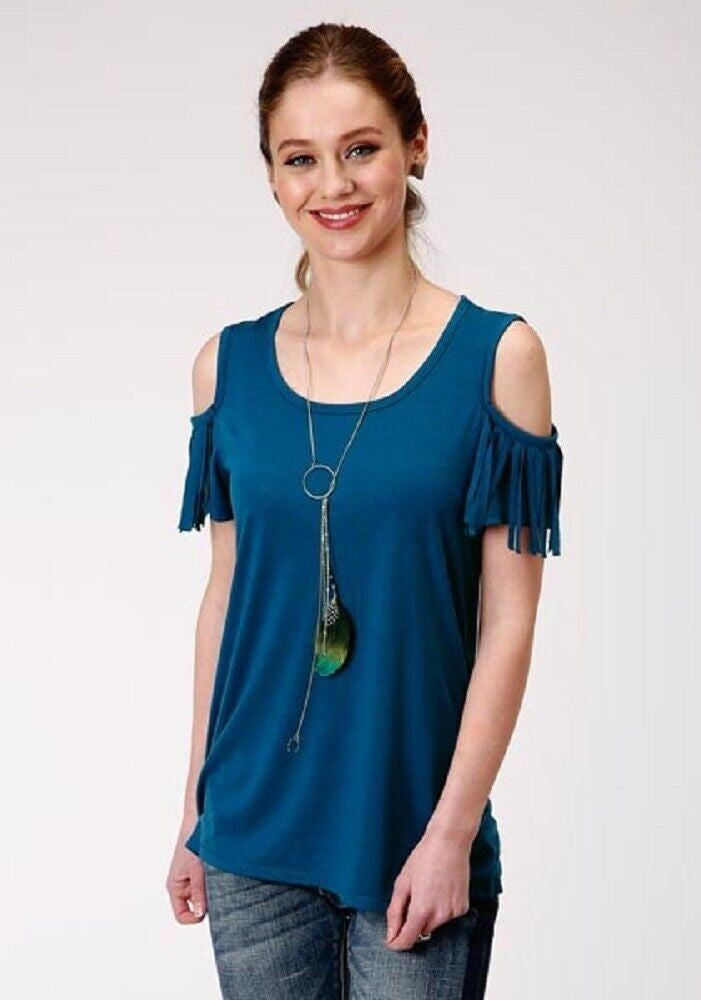 Women's Roper Blue Jersey Knit Shirt w/ Open shoulders Fringe