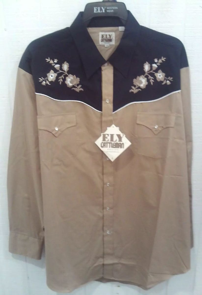 Ely Cattleman Men's Black & Khaki WESTERN SHIRT w/ Embroidery