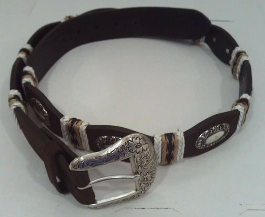 Brown Leather Western Belt Silver sunburst concho Black braiding