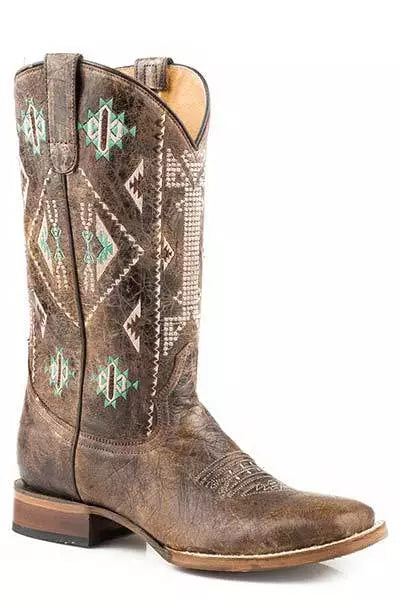 Roper Women's Brown 'OUT WEST' WESTERN COWBOY BOOTS Aztec Embroidery