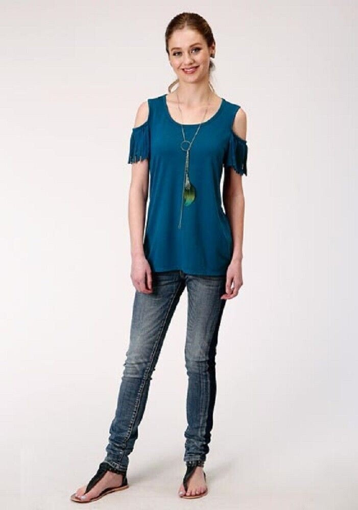 Women's Roper Blue Jersey Knit Shirt w/ Open shoulders Fringe