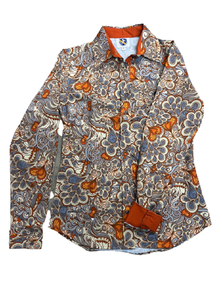 RHC Equestrian Women's Yellow gray Paisley Print Show Shirt w/ Buttons