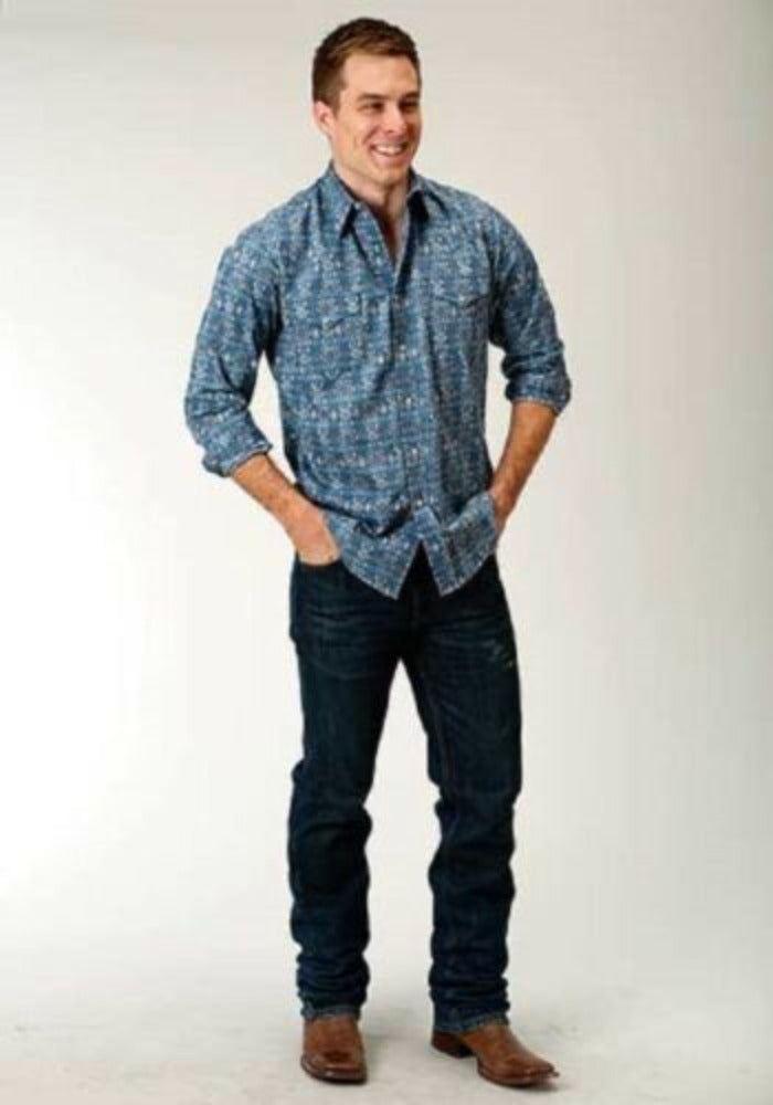 Men's Roper Slate Blue Retro Aztec Print Western Shirt