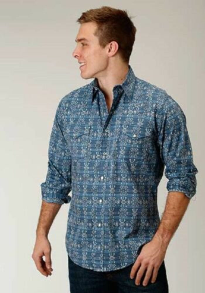 Men's Roper Slate Blue Retro Aztec Print Western Shirt