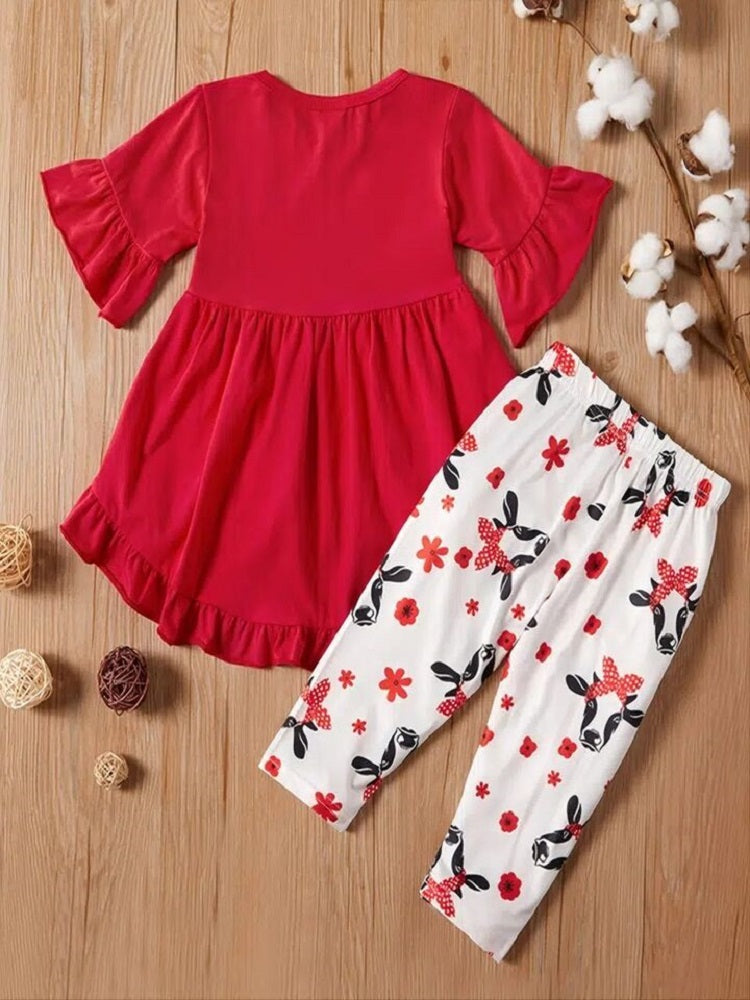 Toddler girl's Red COW FACE SHIRT WAVE DRESS w/ MATCHING PANTS