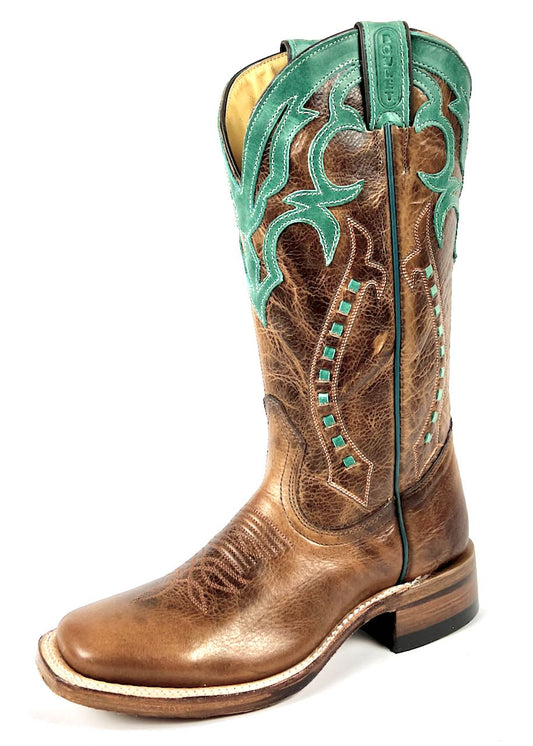 Boulet Square Toe Brown Turquoise Cowboy Boots Womens