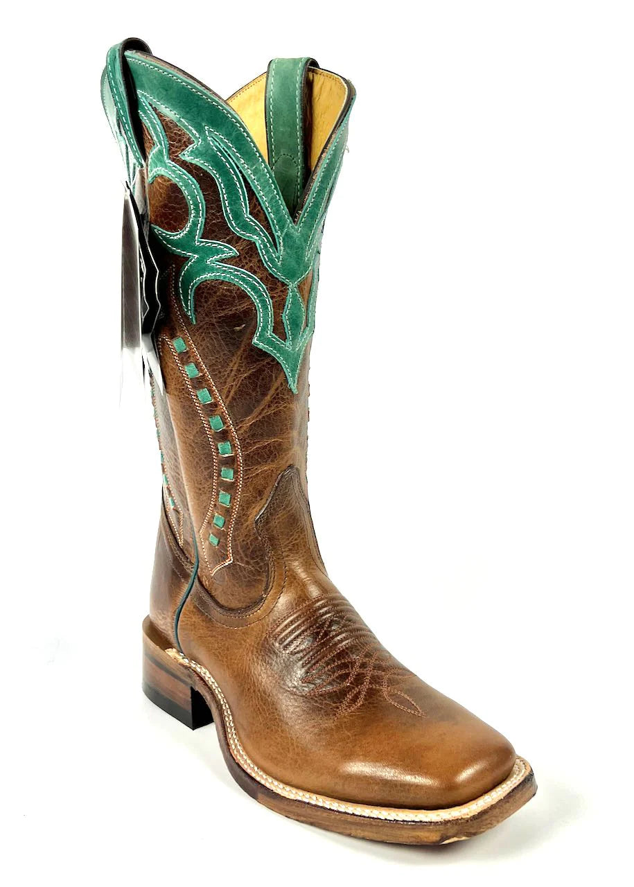 Boulet Square Toe Brown Turquoise Cowboy Boots Womens