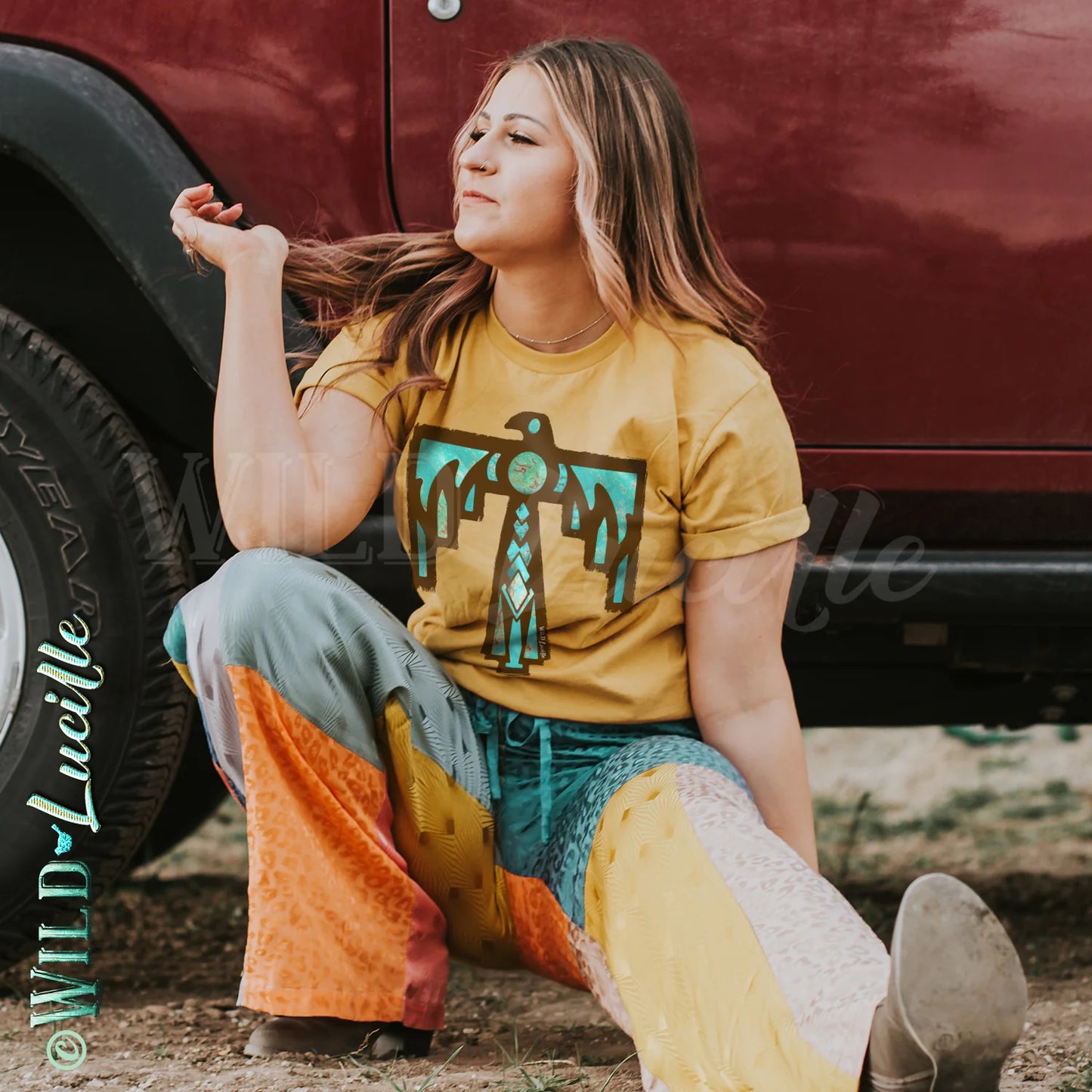 Turquoise Thunderbird - Boho Western Graphic Print Shirt