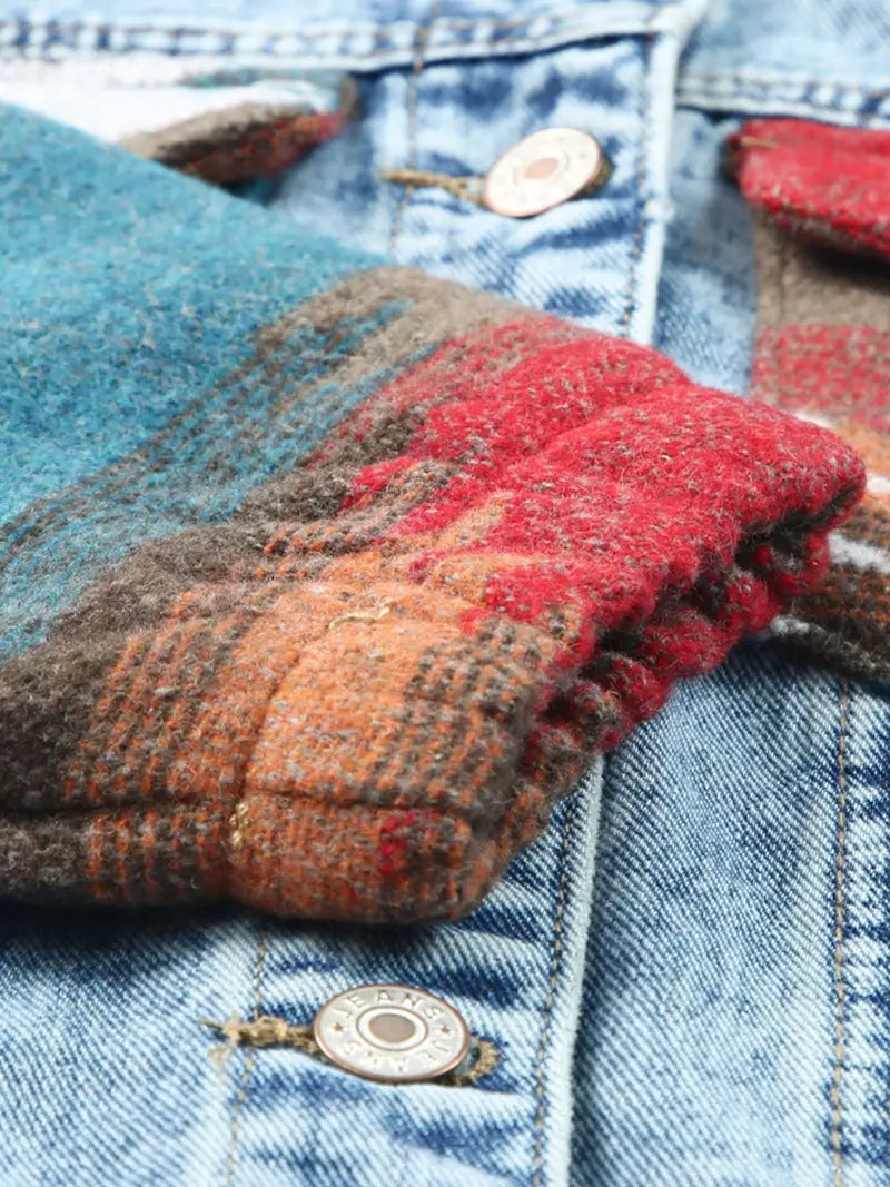 Aztec Print Raw Hem Blue Jean Jacket