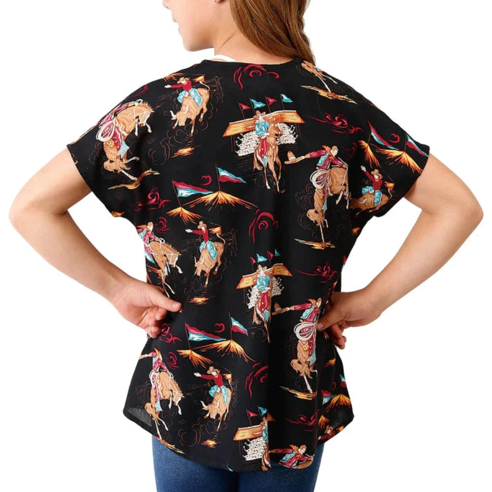 Girl's Roper Black Retro Rodeo Print Cardigan Shirt