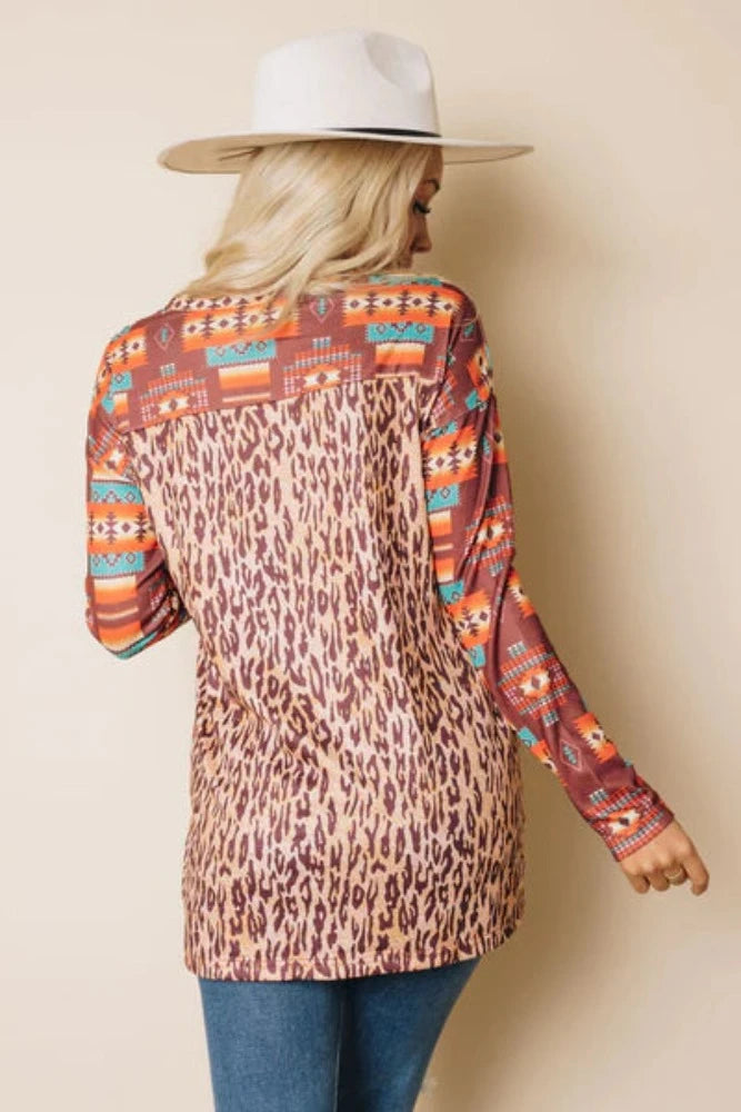 Aztec & Leopard Print Pullover Shirt