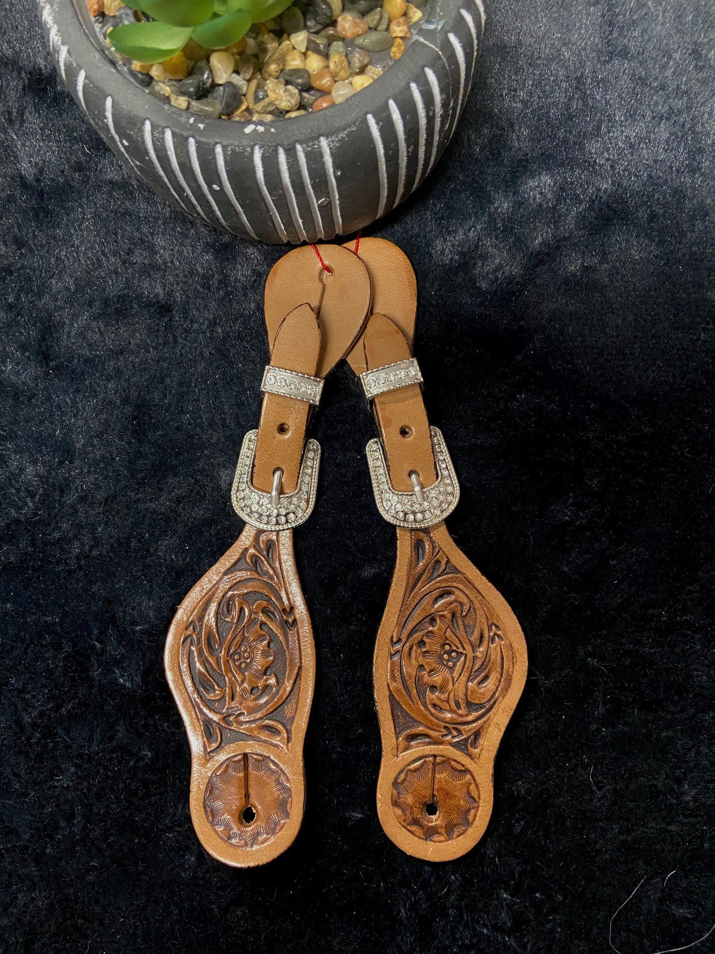 Adjustable Youth size Floral Tooled Spur Straps w/ Crystal rhinestone buckles