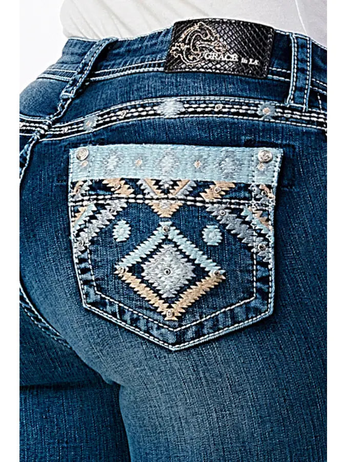 Grace In LA Aztec Embellishment Mid Rise Boot Cut Jeans