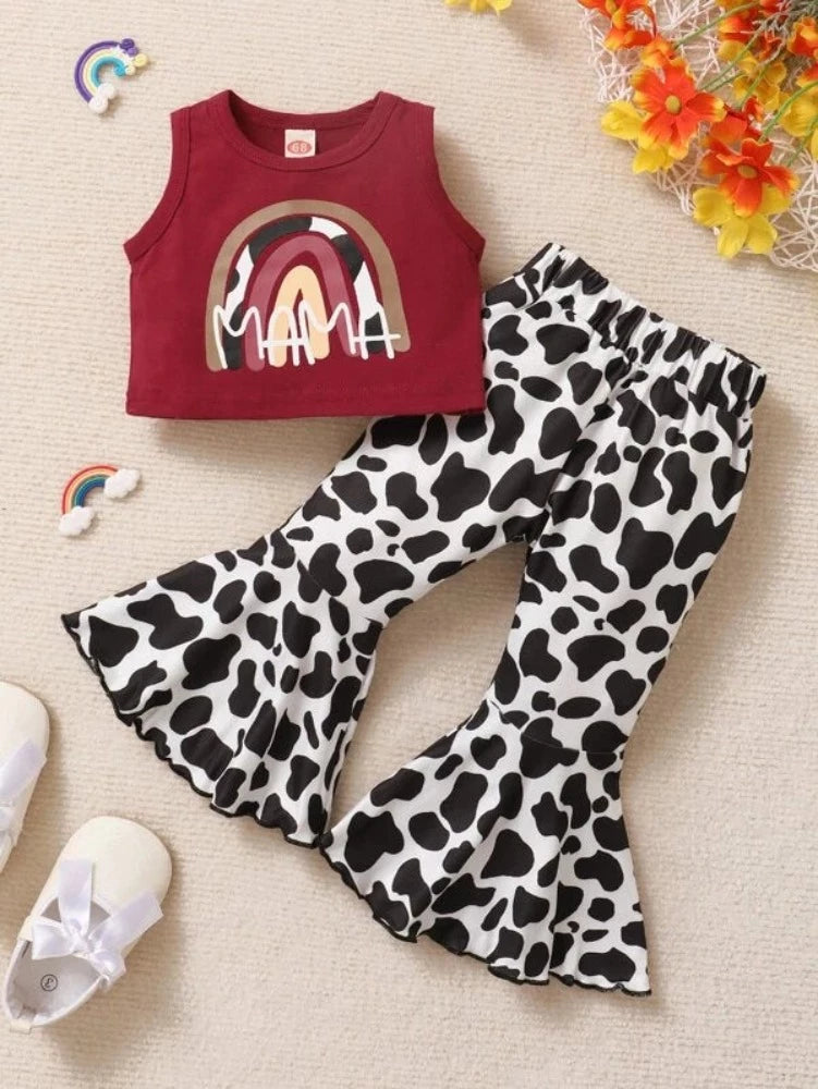 Baby 'Mama' Tank Top & Cow Print Flare Leg Pants