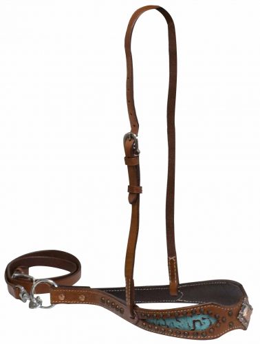 Leather Noseband w/ Teal filigree inlay Copper concho