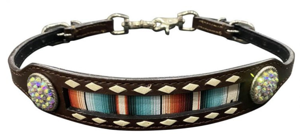 Leather Serape Print Wither Strap w/ Buckstitch Trim Bling Conchos