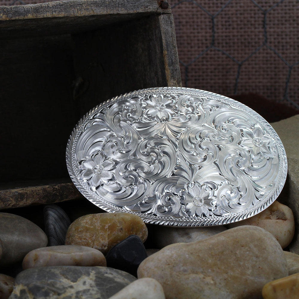 Montana Silversmiths Oval Engraved Silver Western Belt Buckle w/ Filigree