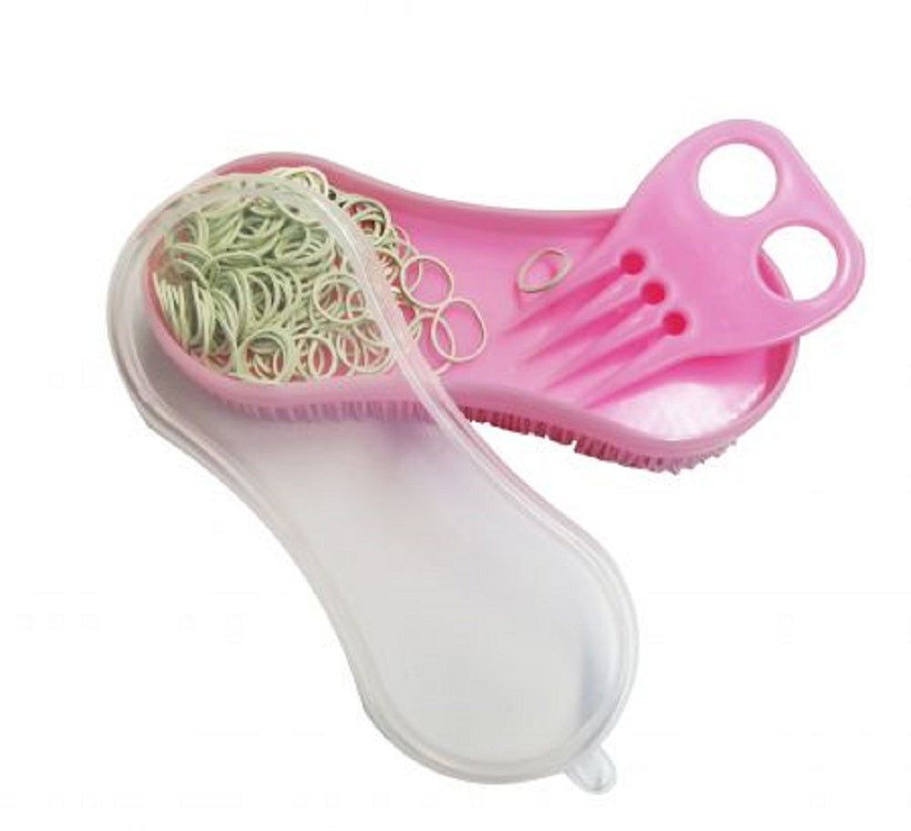 Stiff Bristle Curry Brush w/ Rubber bands & comb, Blue or Pink