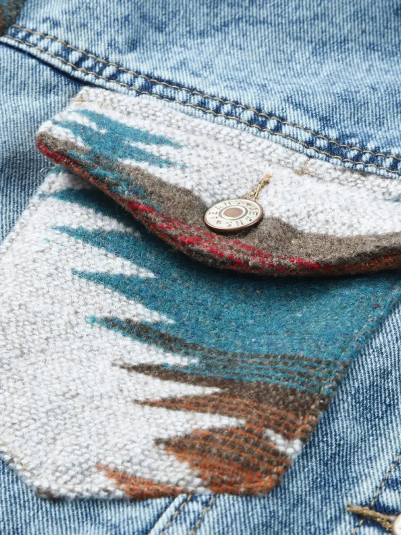 Aztec Print Raw Hem Blue Jean Jacket