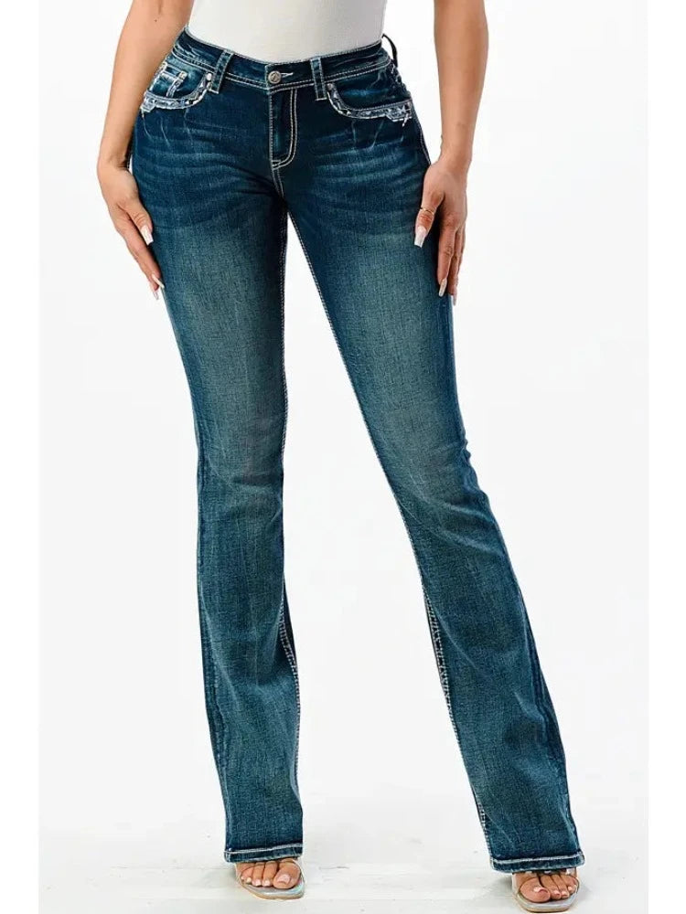 Grace In LA Western Embroidery Mid Rise Bootcut Jeans