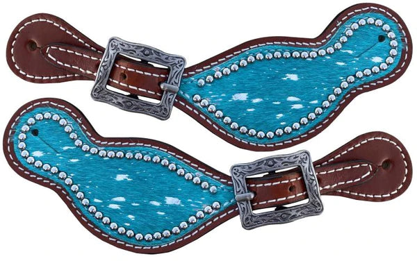 Teal Hair-On Cowhide Spur Straps w/ Acid Wash