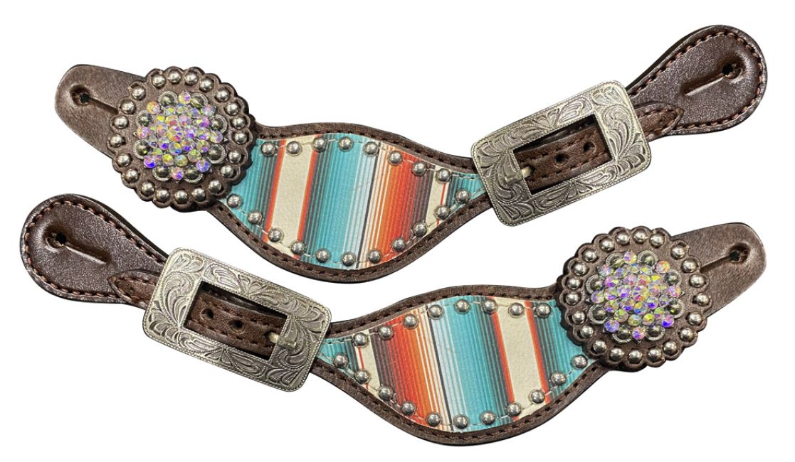 Adjustable Women's size Teal SOUTHWEST SERAPE PRINT SPUR STRAPS w/ Bling conchos